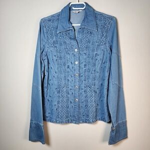 BOLAIJUE Denim Shirt Womens 8 Embroidery‎ Broderie Anglais Blouse Western Blingy
